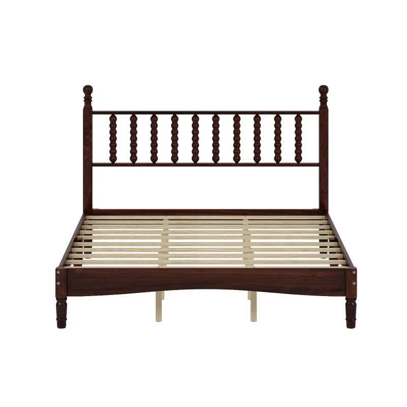 Queen Size Wooden Platform Bed with Gourd-Shaped Headboard, Retro-Inspired Bed Frame for Eclectic Décor, 84.5'' L x 63.5'' W x 45'' H, Walnut