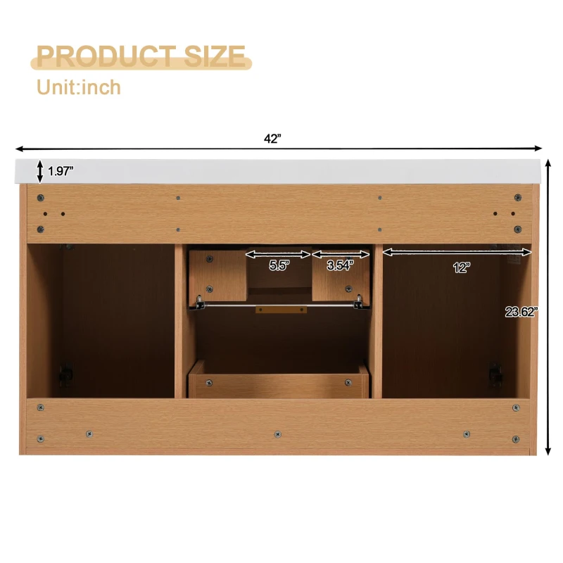 Single Sink Bathroom Vanity with SMC Integrated Sink, Wall-Mounted Floating Cabinet for Contemporary Homes, 42'' L x 19.5'' W x 23.5'' H, Wood