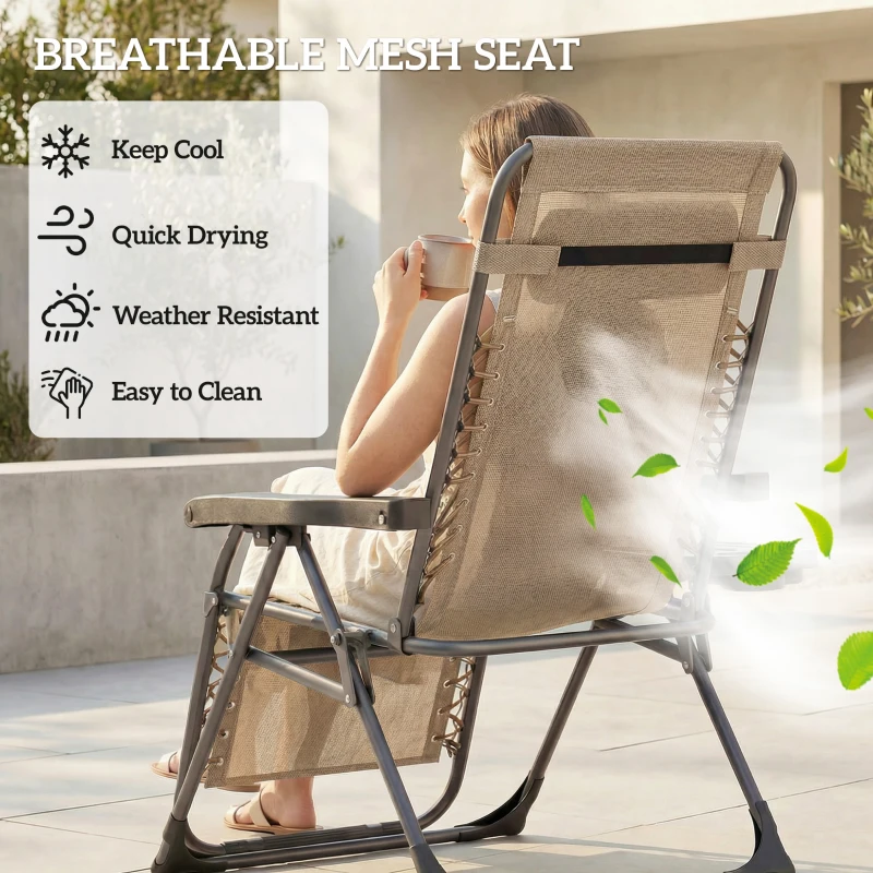 Outsunny Zero Gravity Chair Set of 2, Folding Reclining Outdoor Lounge Chair with Cup Holder, Headrest, Light Brown