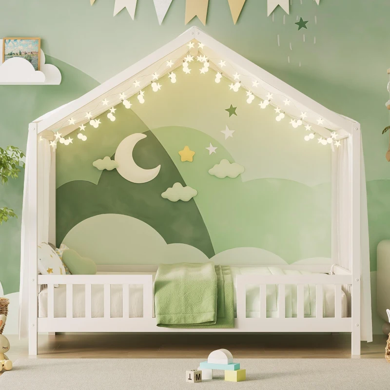 Twin House-Shaped Toddler Bed with 4 High Guard Railings & Roof Frame, Montessori Floor Bed with Canopy, 78.5'' L x 41.5'' W x 78'' H, White