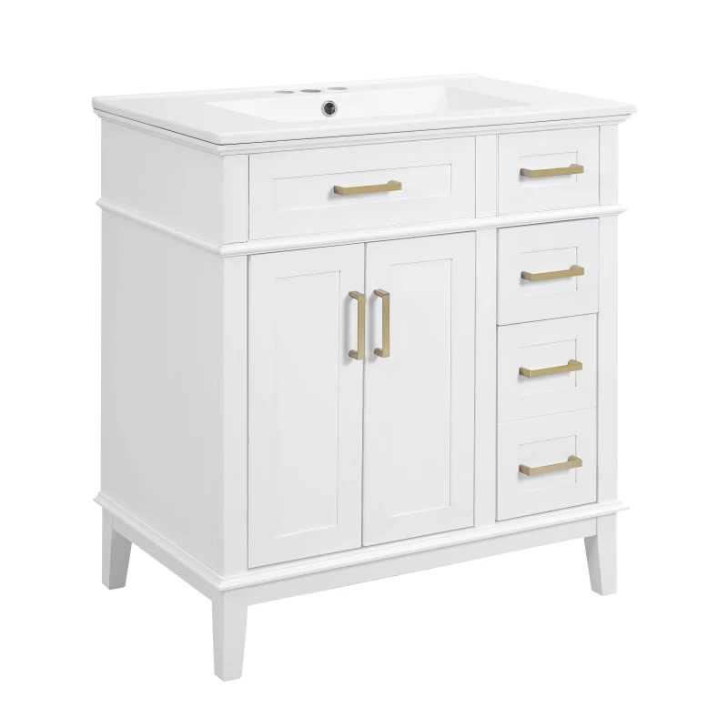 Solid Bathroom Vanity with Ceramic Undermount/Drop-In Sink, Modern Storage Cabinet for Compact Washrooms, 30'' L x 18'' W x 34'' H, White