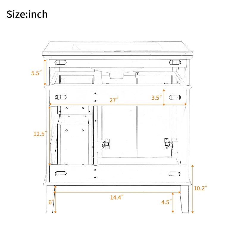 Solid Bathroom Vanity with Ceramic Undermount/Drop-In Sink, Modern Storage Cabinet for Compact Washrooms, 30'' L x 18'' W x 34'' H, White