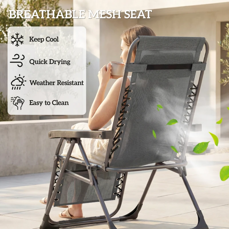 Outsunny Zero Gravity Chair Set of 2, Folding Reclining Outdoor Lounge Chair with Cup Holder, Headrest, Dark Grey