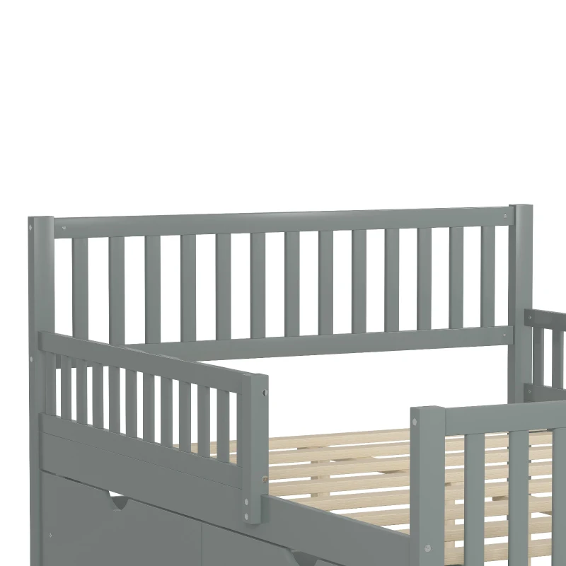 Full Size Wood Platform Bed with 2 Under-Bed Storage Drawers, Solid Bed Frame with Guardrails on Both Sides, 77.5'' L x 57.5'' W x 34.5'' H, Grey