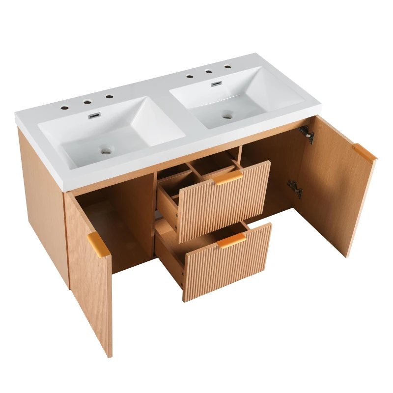 Double Sink Bathroom Vanity with Soft-Close Doors, Wall-Mounted Floating Cabinet with Divided Drawers, 47'' L x 19.5'' W x 23.5'' H, Wood