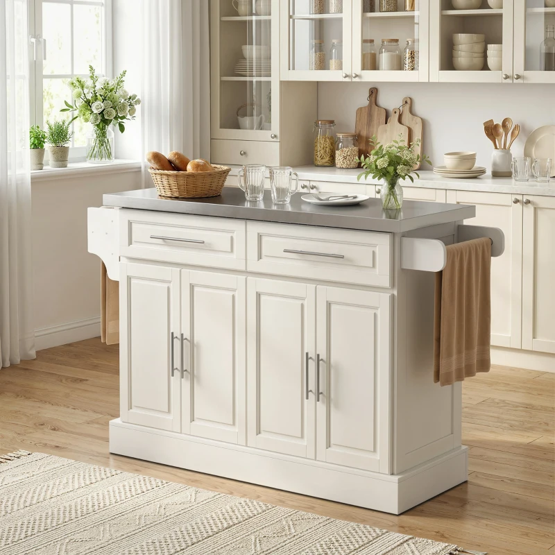 HOMCOM Rolling Kitchen Island with Storage and Stainless Steel Top, Kitchen Trolley with Drawers, Cabinets, Towel Rack, Cream
