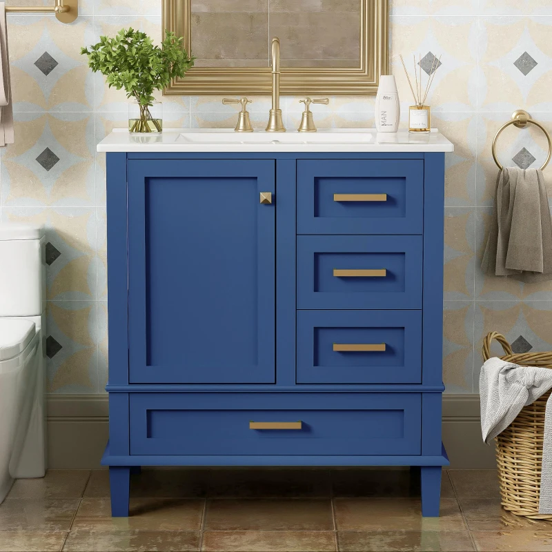 Free-Standing Bathroom Vanity with Ceramic Sink Combo, Modern Cabinet with Solid Wood Frame, 30'' L x 18.5'' W x 34'' H, Blue