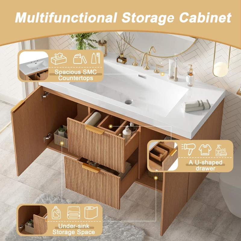 Single Sink Bathroom Vanity with SMC Integrated Sink, Wall-Mounted Floating Cabinet for Contemporary Homes, 42'' L x 19.5'' W x 23.5'' H, Wood