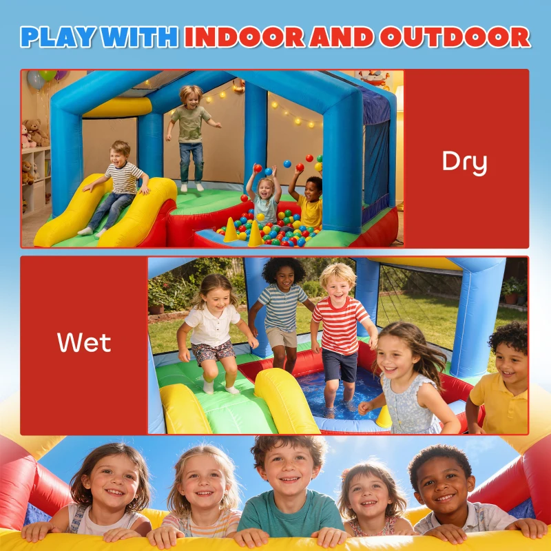 Qaba Bouncy Castle for Kids, Inflatable Bounce House with Slide, Ball Pit, Ring Toss Game, Sunshade and Blower