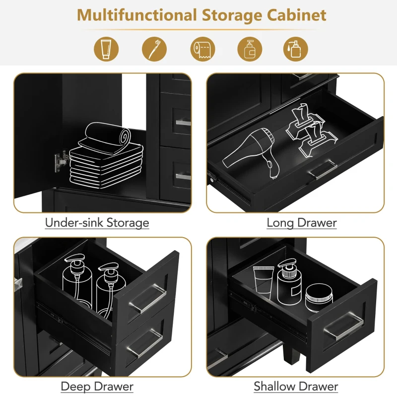 Modern Bathroom Vanity Sink Combo with Solid Wood Frame, Free-Standing Cabinet for Contemporary Bathrooms, 30'' L x 18.5'' W x 34'' H, Black