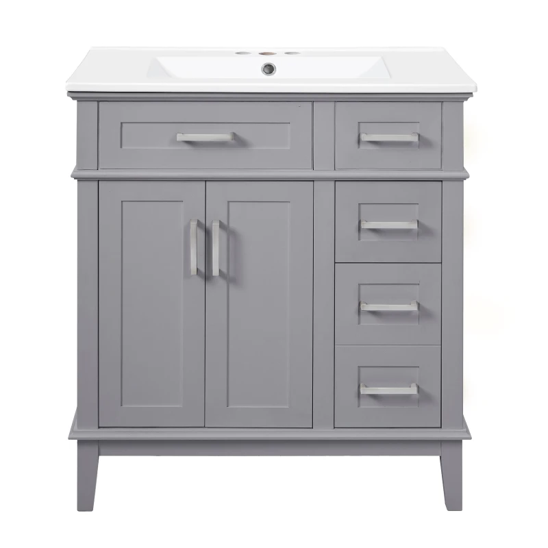 Free-Standing Bathroom Vanity with Ceramic Undermount/Drop-In Sink, Modern Storage Cabinet for Small Condos, 30'' L x 18'' W x 34'' H, Grey