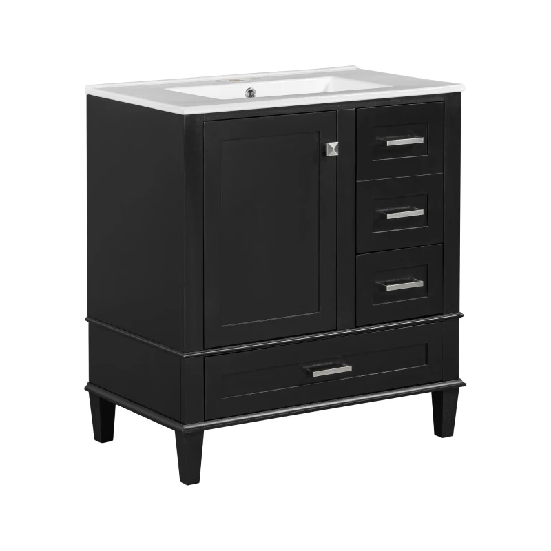 Modern Bathroom Vanity Sink Combo with Solid Wood Frame, Free-Standing Cabinet for Contemporary Bathrooms, 30'' L x 18.5'' W x 34'' H, Black