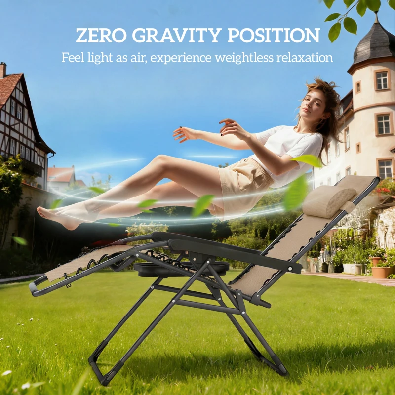 Outsunny Zero Gravity Chair Set of 2, Folding Reclining Outdoor Lounge Chair with Cup Holder, Headrest, Light Brown