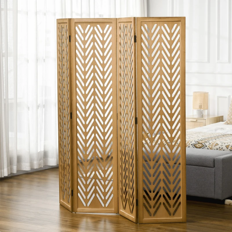 HOMCOM 4 Panel Room Divider, 5.6ft Tall Wood Folding Privacy Screens, Freestanding Partition Wall Dividers, Light Brown