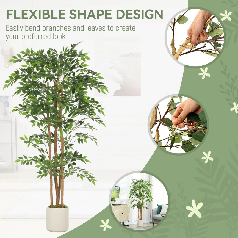 HOMCOM 6FT Artificial Banyan Tree Set of 2, Fake Potted Tree with Solid Wood Trunk and Pot for Indoor