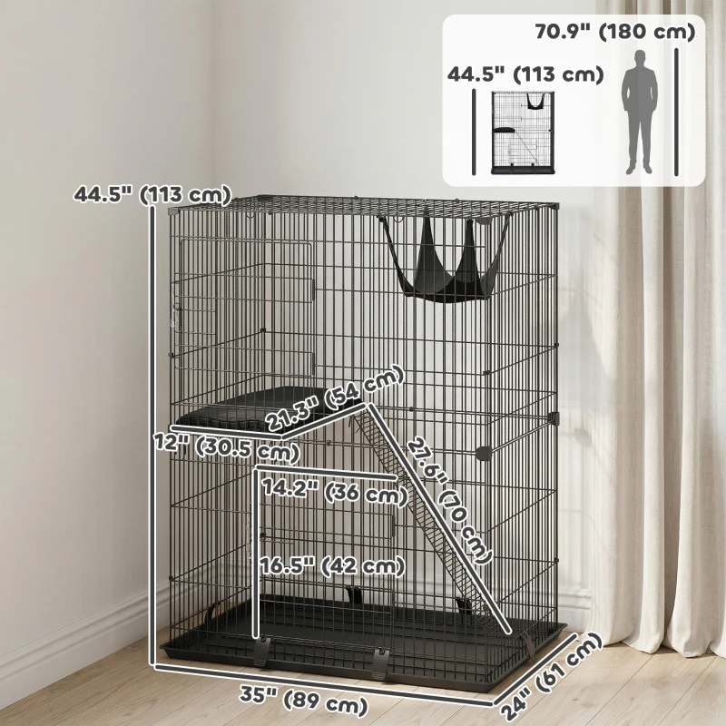 PawHut 2-Tier Cat Cage Indoor, Detachable Metal Wire Kennel with Hammock, Platform, Tray and Cushion for 1-2 Kittens