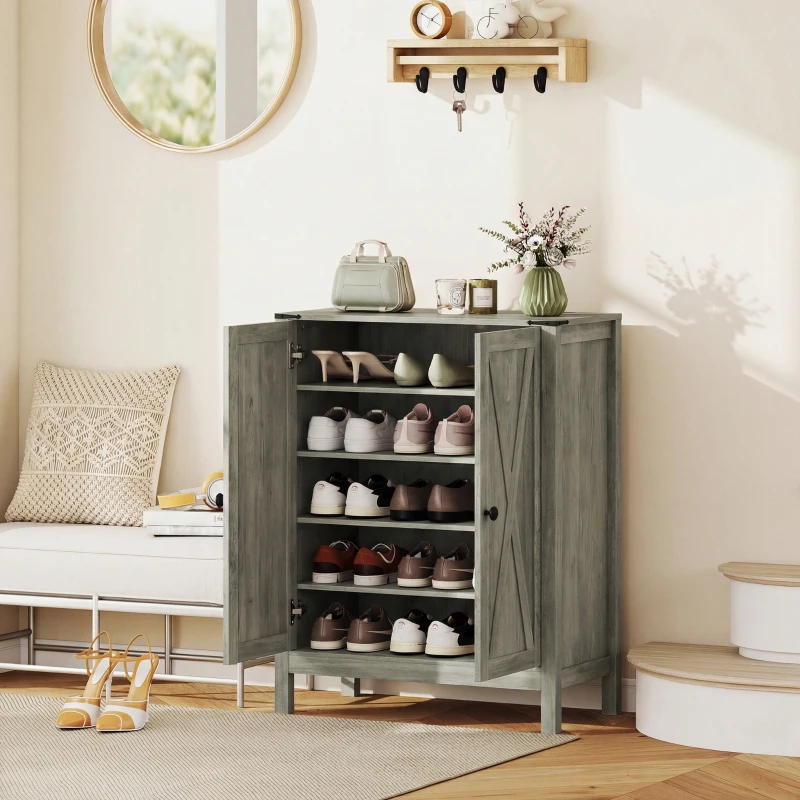 HOMCOM Shoe Cabinet with Barn Doors, Farmhouse Shoe Storage Cabinet with Adjustable Shelves, Holds up to 15 Pairs, Grey