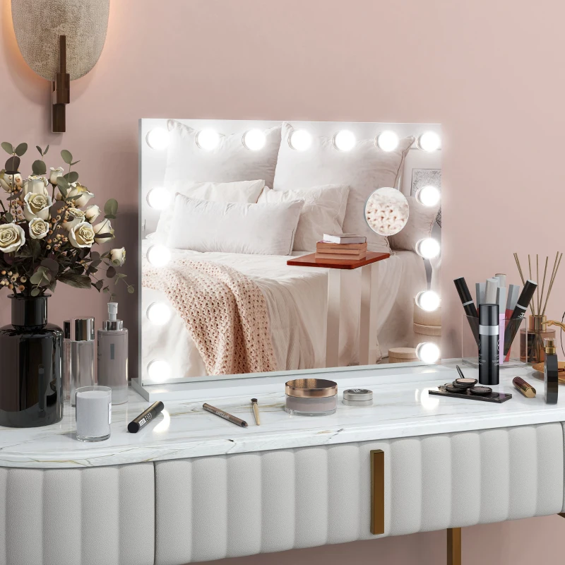 HOMCOM Hollywood Makeup Mirror with Lights, 3 Lighting Modes, USB Charging Port, Tabletop or Wall Mounted, White