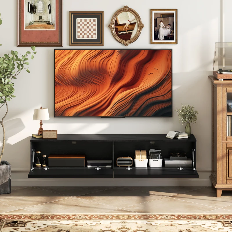 HOMCOM Wall Mounted TV Stand, Floating TV Cabinet with Storage, for TVs up to 70", High Gloss Effect, Black