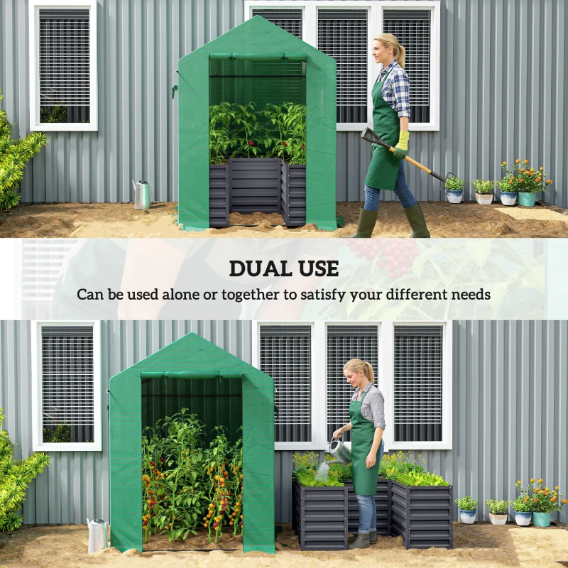 Outsunny Greenhouse with Raised Garden Bed, Galvanized Steel Outdoor Greenhouse with Roll Up Door, 56" x 56" x 75", Dark Gray