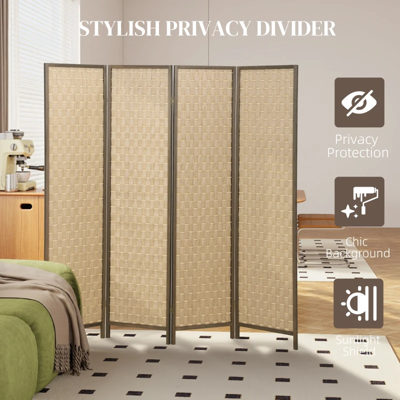 HOMCOM 6 FT Room Divider, 4 Panel Folding Privacy Screen, Lightweight Handwoven Freestanding Partition for Home Office, Brown