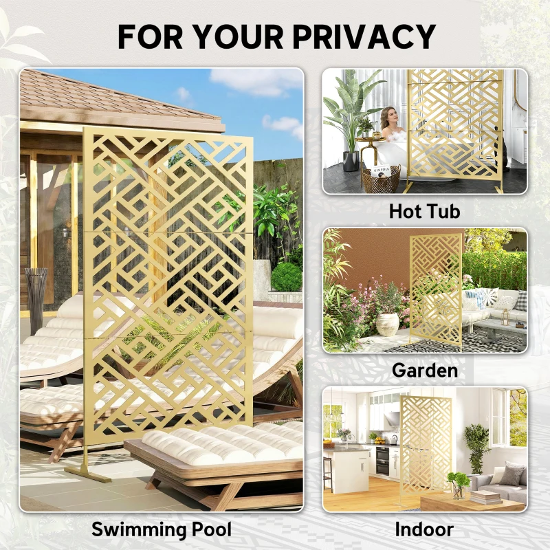 Outsunny Metal Outdoor Privacy Screen, Freestanding Outdoor Divider with Stand, 79" x 47", Gold