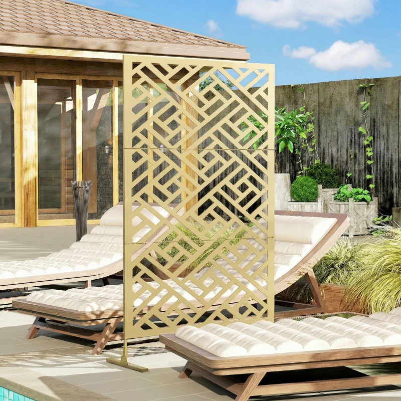 Outsunny Metal Outdoor Privacy Screen, Freestanding Outdoor Divider with Stand, 79" x 47", Gold