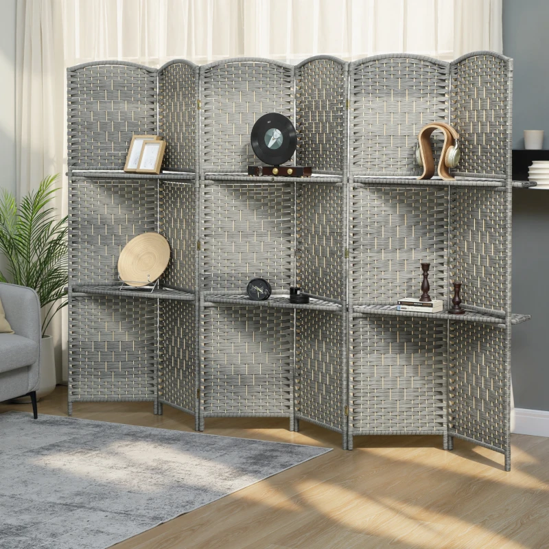 HOMCOM 6 FT Privacy Screen, 6 Panel Room Divider with Shelves for Living Room Bedroom Home Office, Grey