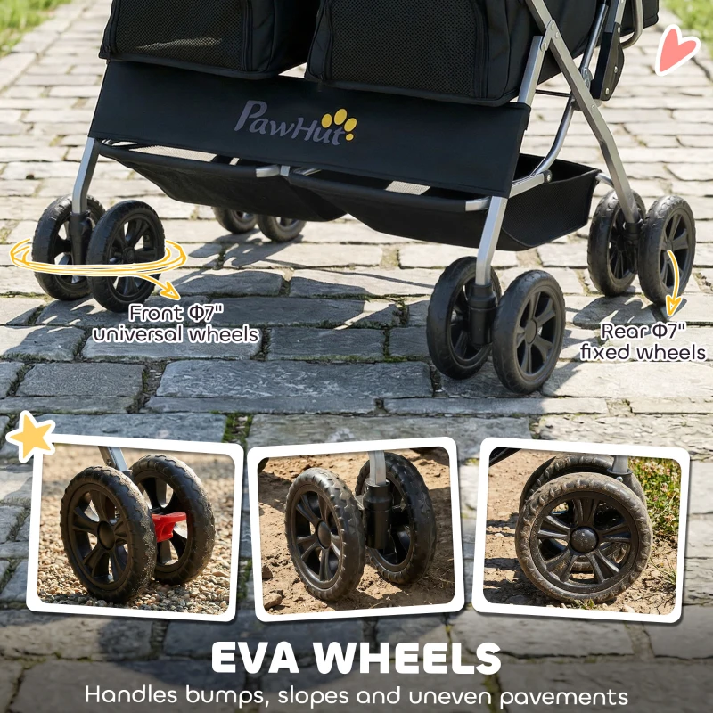 PawHut Double Pet Stroller, Foldable Dog Stroller with 2-Seater Carrier, Sunshade, Removable Pad, Safety Belt, Storage Basket