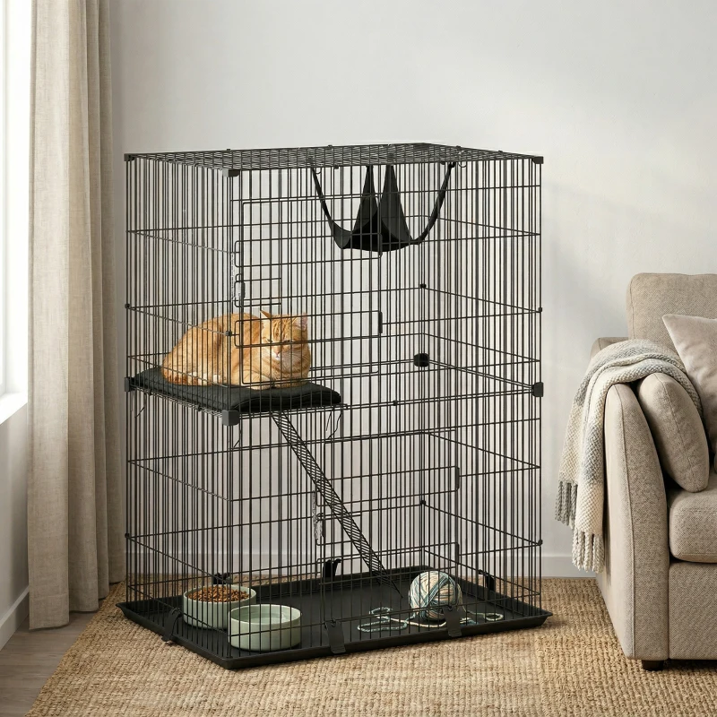 PawHut 2-Tier Cat Cage Indoor, Detachable Metal Wire Kennel with Hammock, Platform, Tray and Cushion for 1-2 Kittens