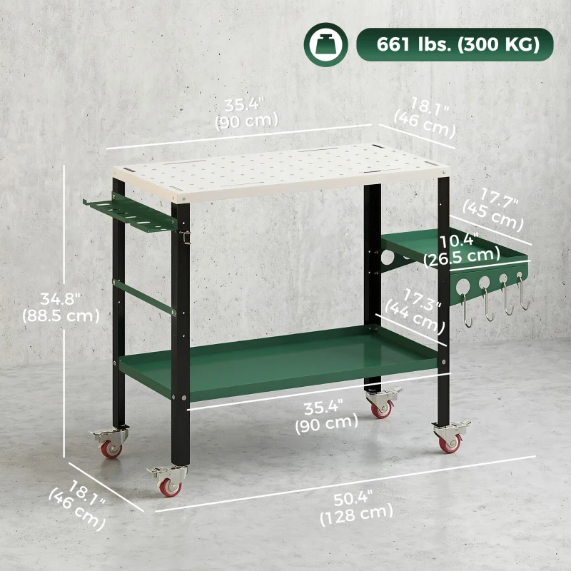 HOMCOM 2Tier Rolling Tool Cart with Wheels, Lockable Steel Heavy Duty Cart with Side Tray, Silver & Green