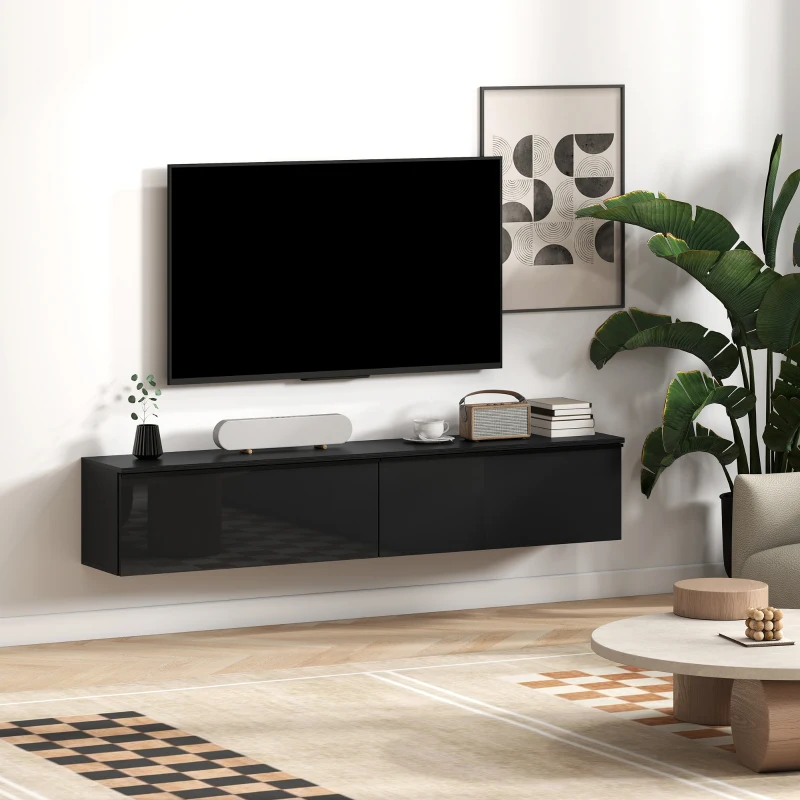 HOMCOM Wall Mounted TV Stand, Floating TV Cabinet with Storage, for TVs up to 70", High Gloss Effect, Black