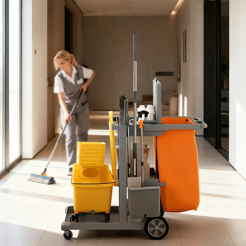 HOMCOM Commercial Janitorial Cart with 3 Tier Shelves, Cleaning Cart with Rubbish Bag and Mop Mount for Hotel Restaurant, Grey