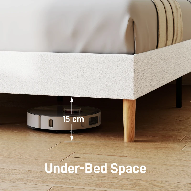HOMCOM Queen Size Bed Frame with Adjustable Headboard Upholstered Platform Bed Frame with Wood Slat Support Noise Free White
