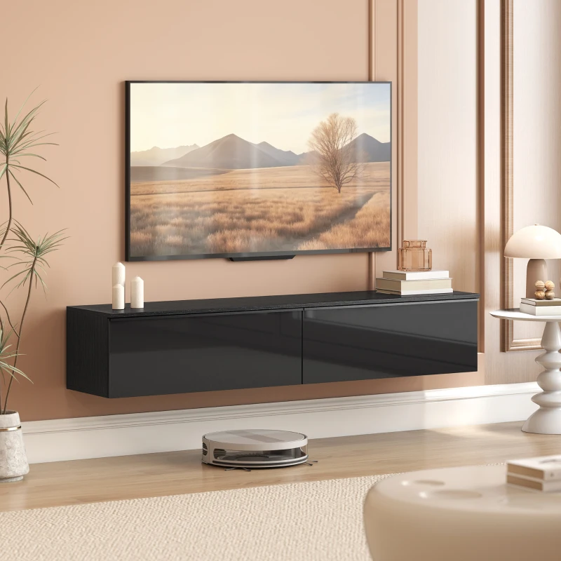 HOMCOM Wall Mounted TV Stand, Floating TV Cabinet with Storage, for TVs up to 70", High Gloss Effect, Black