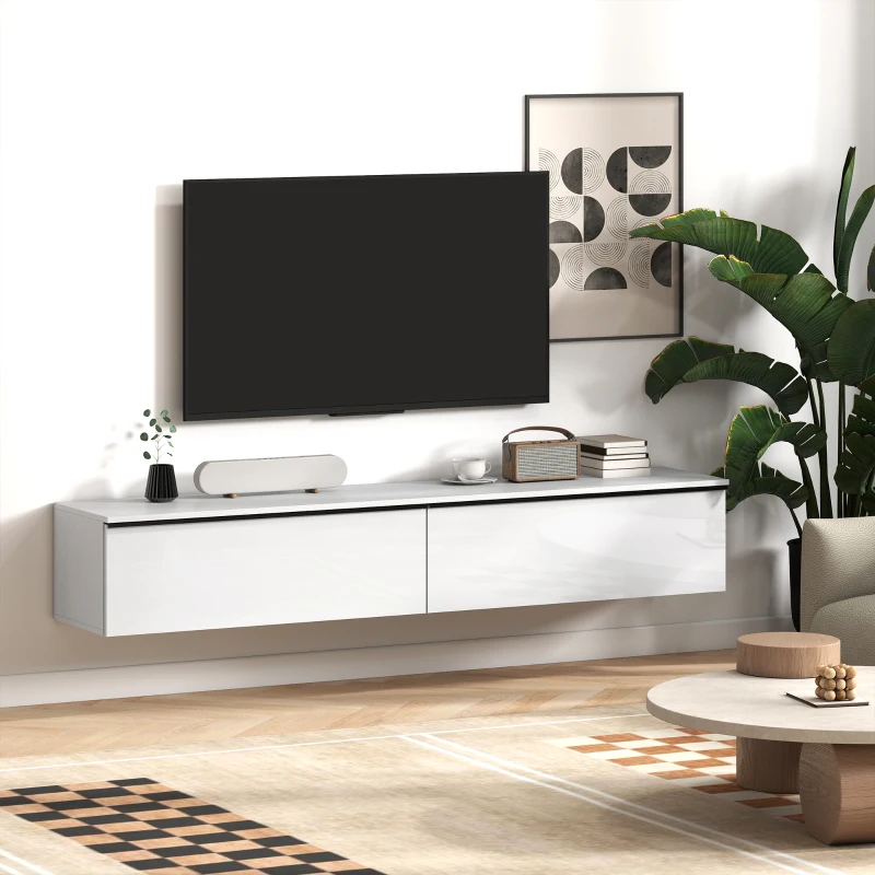 HOMCOM Wall Mounted TV Stand, Floating TV Cabinet with Storage, for TVs up to 80", High Gloss Effect, White