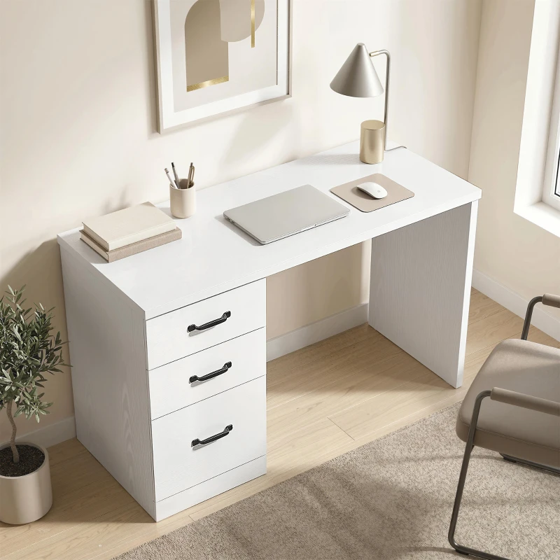 HOMCOM Computer Desk with 3 Drawers, 47" Home Office Desk with Adjustable Hanging Rails for Letter A4 Files, White