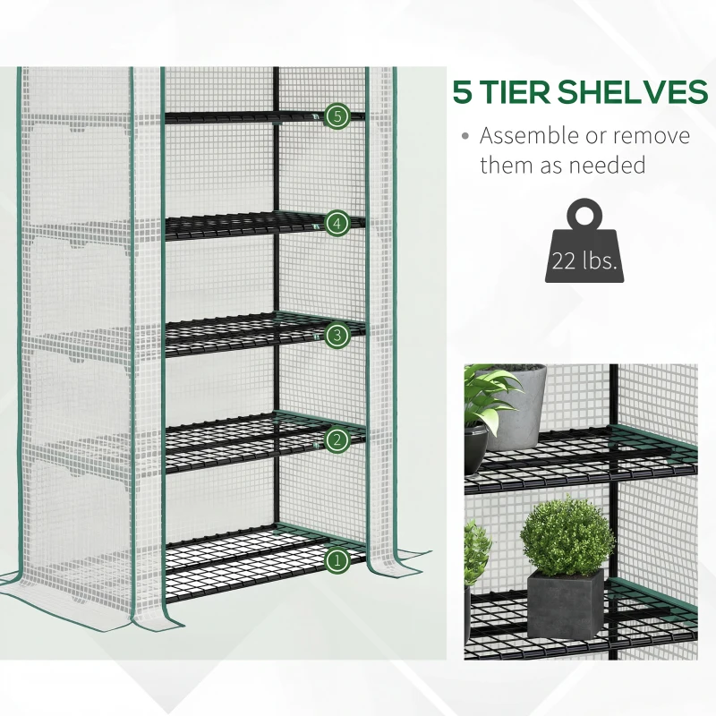 Outsunny 5 Tier Mini Greenhouse, Small Portable Greenhouse with PE Cover, Roll-Up Zippered Door, 76" x 35.4" x 19.3", White