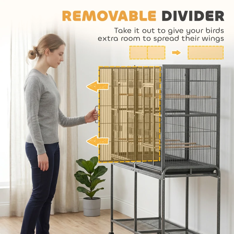 PawHut 56"H Bird Cage, Parrot Cage w/ Detachable Rolling Stand, Removable Tray, Storage Shelf, Perches, Food Container