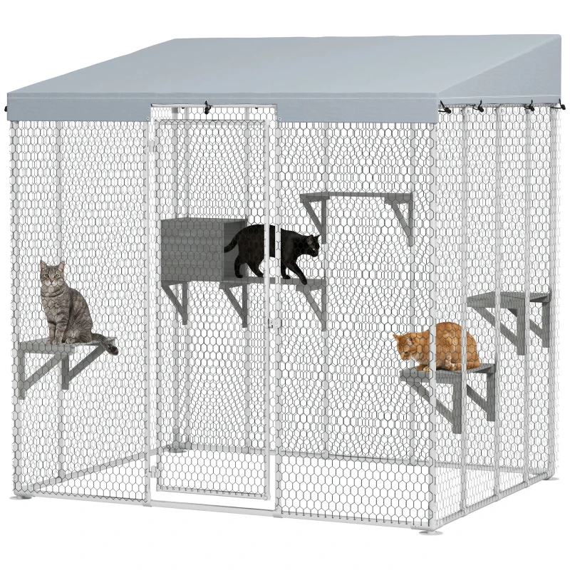 PawHut 79" L Galvanized Steel Catio Outdoor Cat Enclosure w/ 420D Waterproof Canopy, Multiple Platforms, Resting Condo, Silver