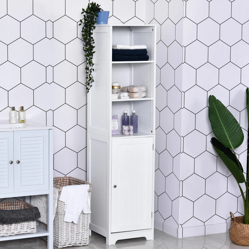 kleankin Tall Bathroom Storage Cabinet, Freestanding Tower Cabinet with Adjustable Shelf, 3 Open Shelves, White