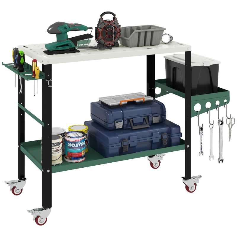HOMCOM 2Tier Rolling Tool Cart with Wheels, Lockable Steel Heavy Duty Cart with Side Tray, Silver & Green