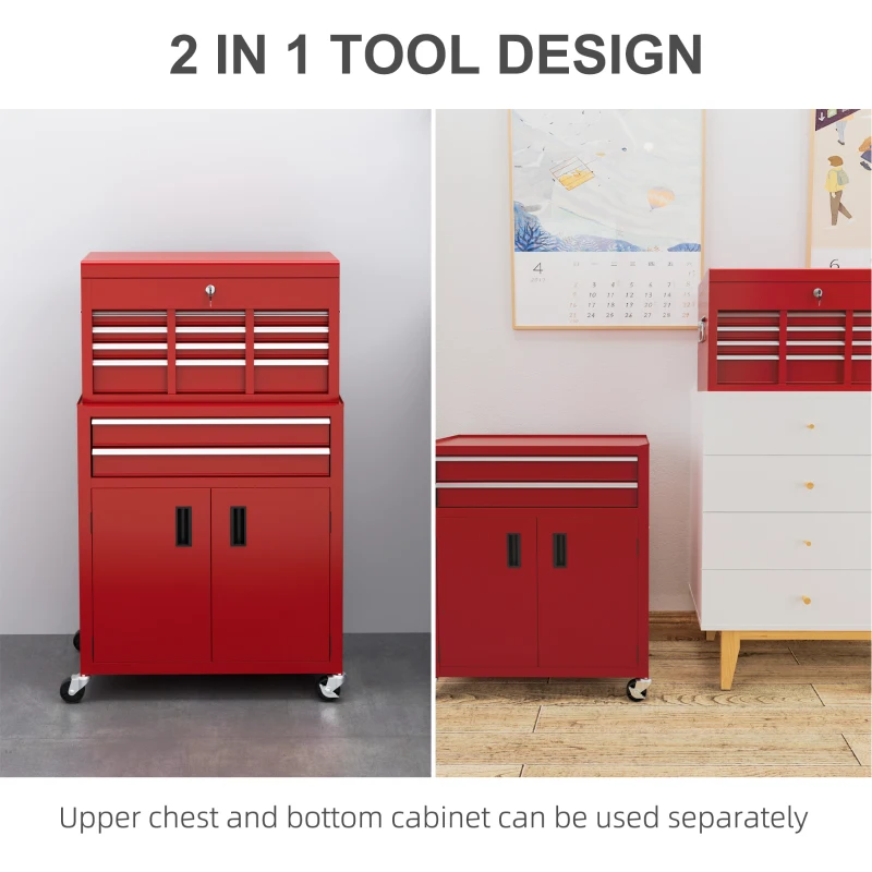 HOMCOM 6-Drawer Rolling Tool Chest, 2 in 1 Lockable Storage Cabinet with Hooks, Metal Tool Box for Garage, Workshop, Red