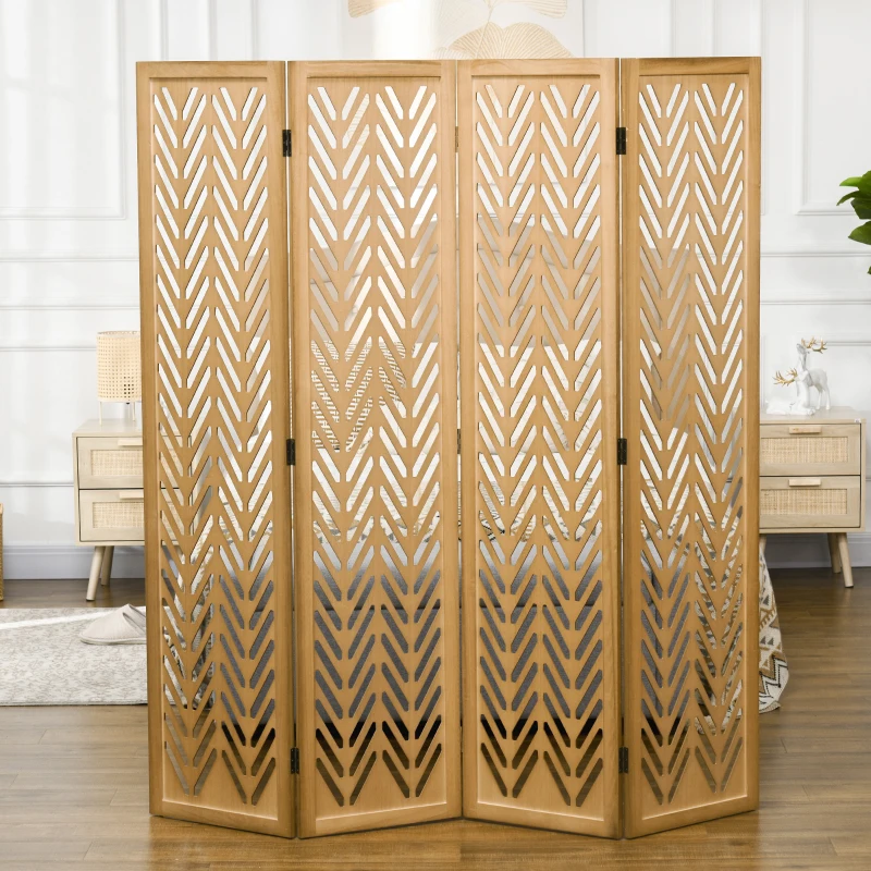 HOMCOM 4 Panel Room Divider, 5.6ft Tall Wood Folding Privacy Screens, Freestanding Partition Wall Dividers, Light Brown