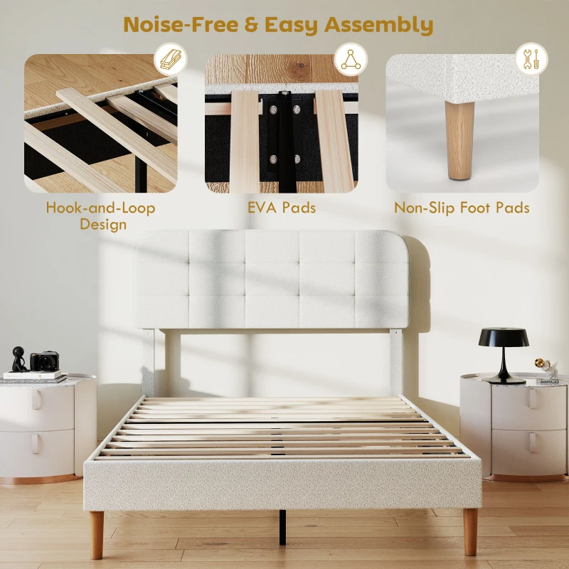 HOMCOM Queen Size Bed Frame with Adjustable Headboard Upholstered Platform Bed Frame with Wood Slat Support Noise Free White
