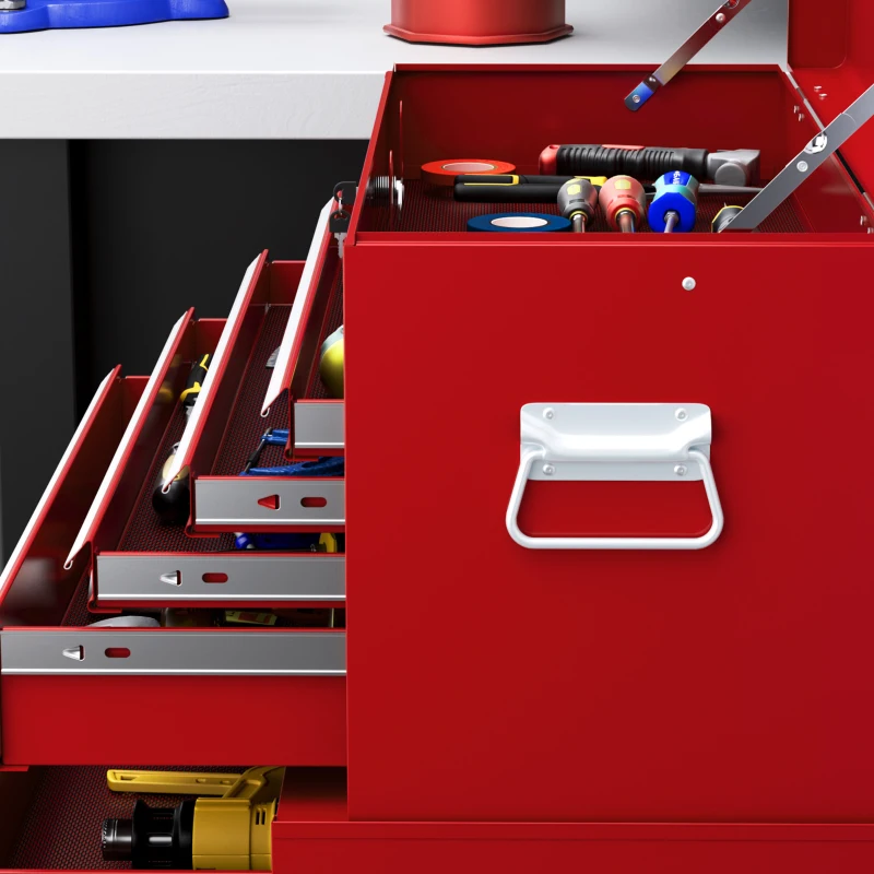 HOMCOM 6-Drawer Rolling Tool Chest, 2 in 1 Lockable Storage Cabinet with Hooks, Metal Tool Box for Garage, Workshop, Red