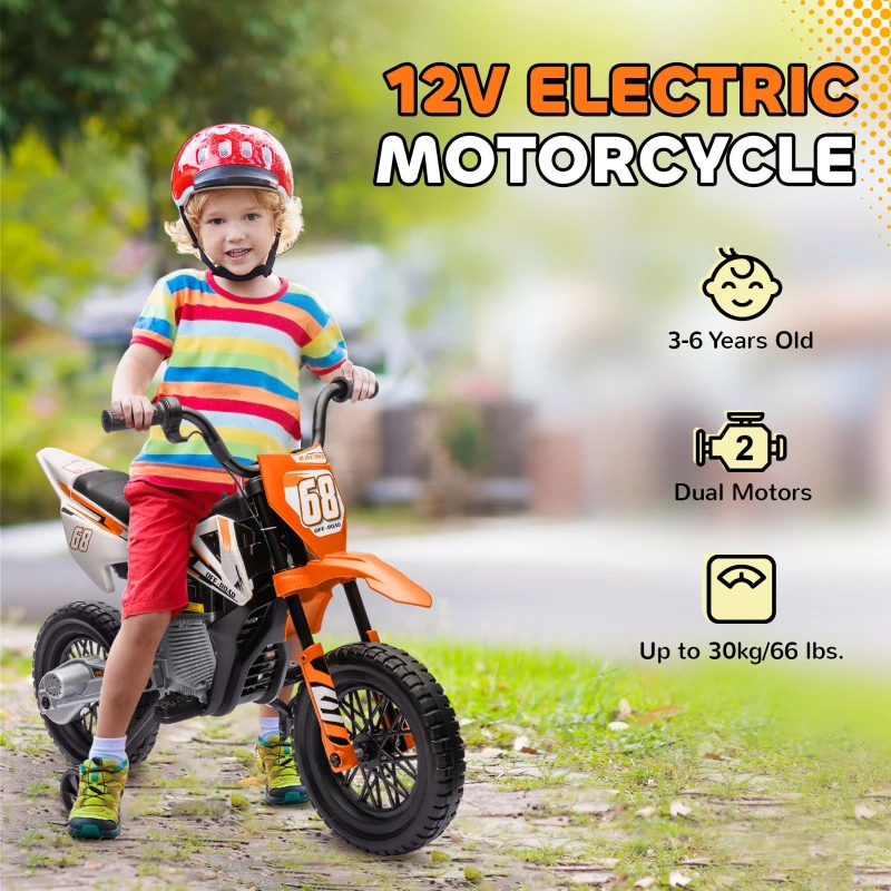 Qaba 12V Kids Electric Motorcycle w/ Twist Grip Throttle, Training Wheels, Rear Suspension & Music, Orange