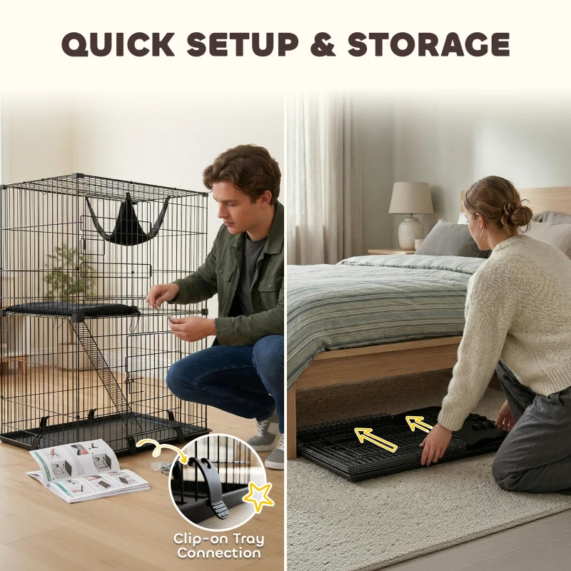 PawHut 2-Tier Cat Cage Indoor, Detachable Metal Wire Kennel with Hammock, Platform, Tray and Cushion for 1-2 Kittens