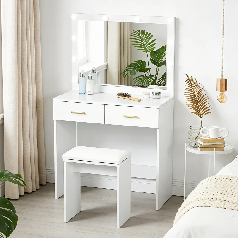 HOMCOM Makeup Vanity Desk Set with Stool, Dressing Table with LED Lighting Mirror, Drawers, for Bedroom, White