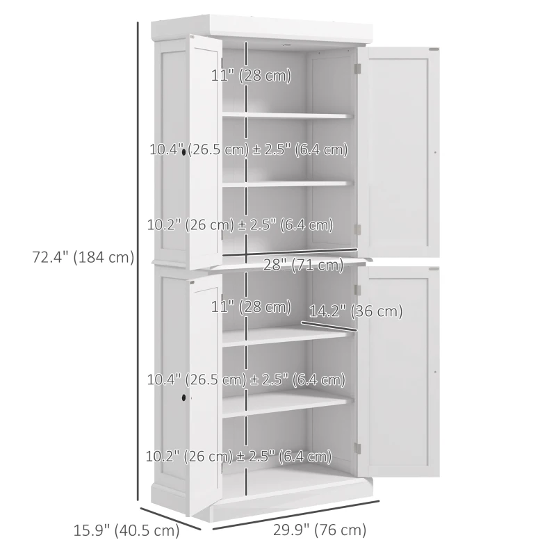 HOMCOM 72.5" Freestanding Kitchen Pantry Cabinet with 4 Doors, White